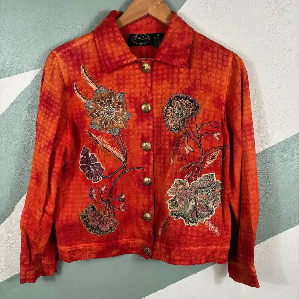 Julia Kin‎ Jacket Women Small Orange Art to Wear Boho Floral Embroidered Shirt - Picture 8 of 9